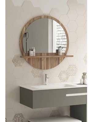 Tekno Trust Tarz Design 58 cm Yuvarlak Ceviz Raflı Koridor Konsol Duvar Salon Banyo Ofis Yatakoda Aynası