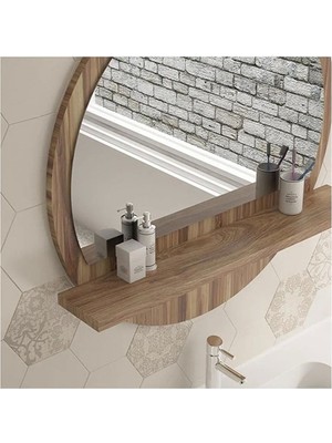 Tekno Trust Tarz Design 58 cm Yuvarlak Ceviz Raflı Koridor Konsol Duvar Salon Banyo Ofis Yatakoda Aynası