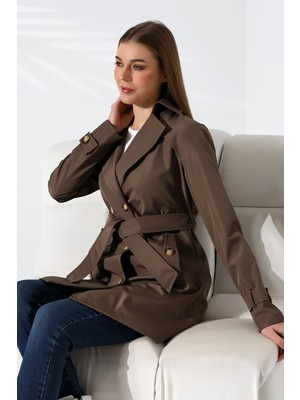 Kadın Degaje Kuşaklı Yarım Boy Astarlı Uzun Kollu Döğmeli Trençkot