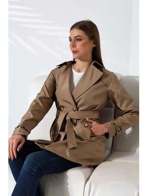 Kadın Degaje Kuşaklı Yarım Boy Astarlı Uzun Kollu Döğmeli Trençkot