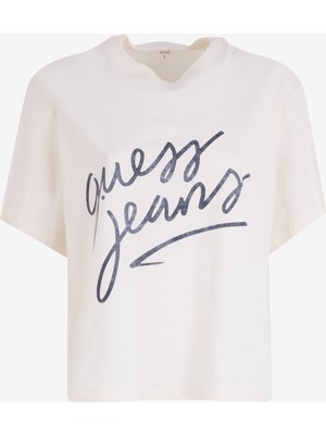 Guess Jeans Bisiklet Yaka Desenli Krem Kadın T-Shirt Gj Ss Cn Boxy Italıc - Organıc Cott