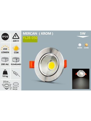 Cob LED Mercan Spot Krom Kasa 5W 3200K