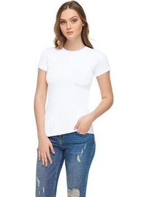 Kadın Beyaz Sıfır Yaka Likralı Kısa Kol T-Shirt