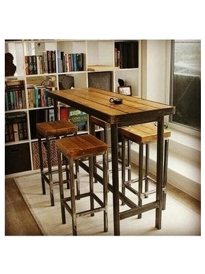 Limon Ahşap Bar Masası ve Bar Taburesi Takımı