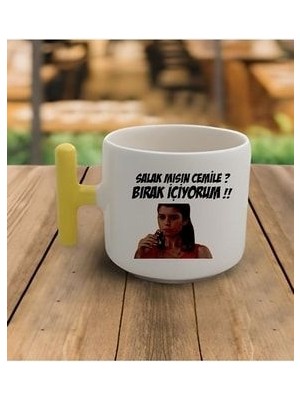 Duble Türk Kahvesi Fincanı  Latte Aşkı Memnu Bihter Motto Sarı Kulp Kupa 200 ml