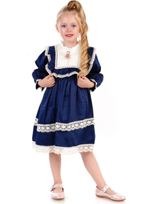 Miniğimin Cicileri Dantelli Fistolu Fiyonklu Vitange Kız çoçuk elbise - Lacivert