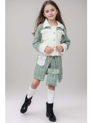 Riccotarz Kız Çocuk Inci Düğme ve Peluş Detaylı Gömlek Yeşil Triko Etekli Takım
