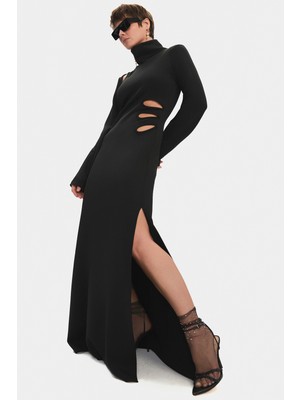 NG Style Kadın Vücuda Oturan Balıkçı Yaka Pencere/cut-Out Detaylı Maxi Elbise
