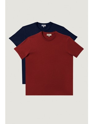 Altınyıldız Classics Erkek Bordo-lacivert Slim Fit Dar Kesim Bisiklet Yaka %100 Pamuk 2'li Düz Tişört Paketi