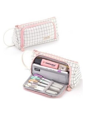 Kawaii Special Kanvas Çok Fonksiyonlu Kare Desenli Geniş Kapasiteli Hafif Kalem Kutusu Okul Ofis