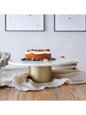 Akayev  Mermer 25 cm Metal Ayaklı Beyaz Yuvarlak Sunum Tabağı