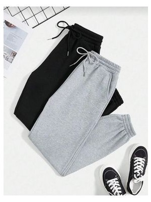 Kopya - Ikili Jogger Eşofman Altı-Siyah ve Gri Lastik Paça Yüksek Bel Kışlık Eşofman