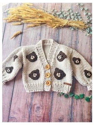 El Örgüsü Ayı Desen Bej Rengi Bebek Hırka