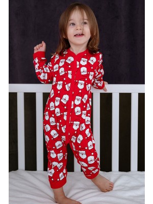 Lilabio Yılbaşı Temalı Kırmızı Tulum %100 Pamuk Uzun Kol Unisex Bebekler İçin