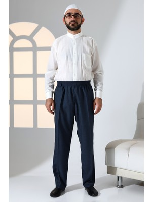 Erkek Rahat Kesim Beli Lastikli Cepli Hac ve Umre Kumaş Şalvar Pantolon - Lacivert (Isr)