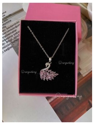 Asna Jewellery Kadın Pembe Kuğulu Gümüş Çelik Kolye Zirkon Taşlı Özel Tasarım Şıklığıyla