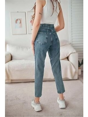 Kar Mavi Mom Jean Kadın Boyfriend Yüksek Bel Likralı Kot Pantolon