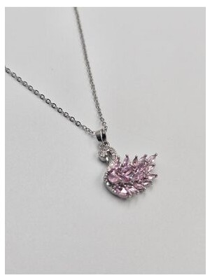 Pembe Taşlı Kuğu Kolye Çelik Kuğu Kolye Pembe Kolye