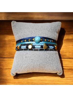 Etniko Mavi Doğal Taşlı Siyah Cam Boncuklu  Bileklik - Metal Boncuk ve Mıknatıslı Kapama