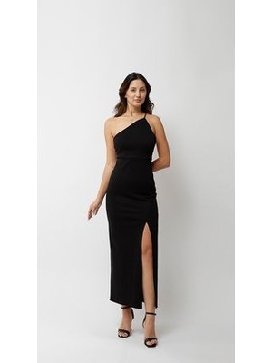 240824-TEK Omuz,ip Askılı ,diz Üstü Yırtmaçlı,uzun Elbise