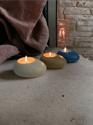 Three Drops Minimal Dekoratif Beton Tealight Mumluk 3'lü Set [ Alaçatı-Vizon-Mavi ]