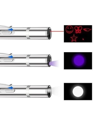 Güllü E Store Buffer® USB Ile Şarj Edilebilen 3ın 1 Kırmızı Işık +Beyaz LED Meşale Işık + Uv El Feneri Kedi Lazeri