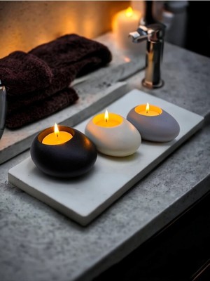 Three Drops Minimal Dekoratif Beton Tealight Mumluk 3'lü Set [ Siyah-Beyaz-Gri ]