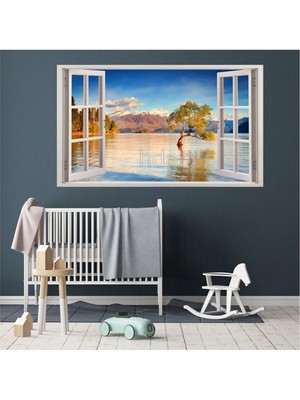 Tosbart Açılır Pencere Görünümlü Manzara Göl Ağaç Orman Kanvas Tablo Salon Oturma Odası Ofis Cafe