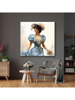 Tosbart Mavi Uçuşan Elbiseli Beyaz Şapkalı Model Gold Detay Kare Kanvas Tablo