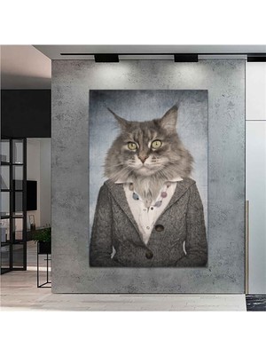 Tosbart Extra Dev Boyut Dekoratif Kıyafet Giymiş Kedi Kanvas Tablo