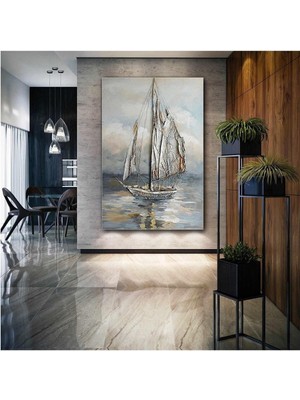 Tosbart Yağlı Boya Efektli Gemi Yelkenli Deniz Doğa Manzara Kanvas Tablo