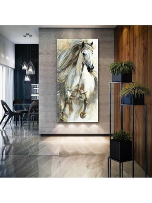 Tosbart Koşan Yeleleri Uçuşan Beyaz Asil At Boyuna Dikey Kanvas Tablo
