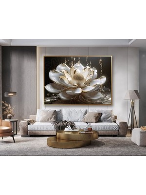 Tosbart Altın Damlalı Beyaz Çiçek Hd Dekoratif Kanvas Tablosu