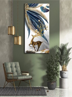 Tosbart Dekoratif Kuş Tüyleri Ve Gold Geyik Kanvas Tablo