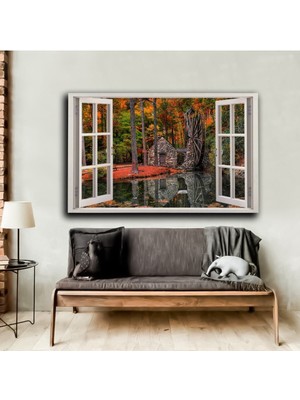 Tosbart Pencere Motifli Sonbahar Manzara Tablosu S8|Kanvas Tablo
