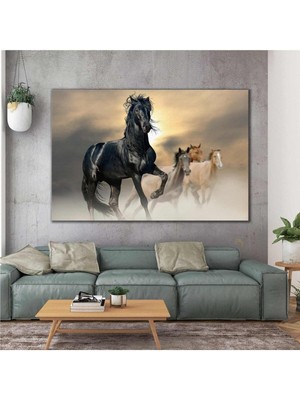 Tosbart Koşan Atlar Siyah At Asalet Manzara Hayvan Kanvas Tablo