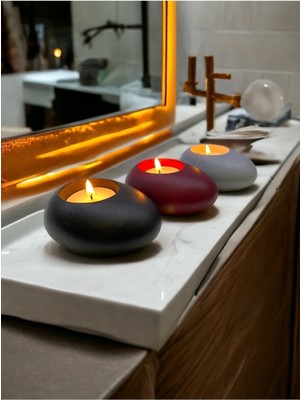 Three Drops Minimal Dekoratif Beton Tealight Mumluk 3'lü Set | Siyah-Bordo-Gri |