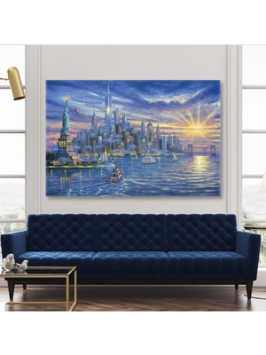 Tosbart New York Şehir Işıkları Yelkenliler Özgürlük Heykeli Yatay Kanvas Tablo