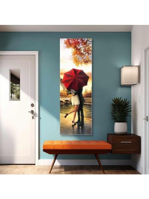 Tosbart Eyfel Kulesi Kırmızı Şemsiye Altında Sarılan Çift Paris Panoramik Dikey Kanvas Tablo