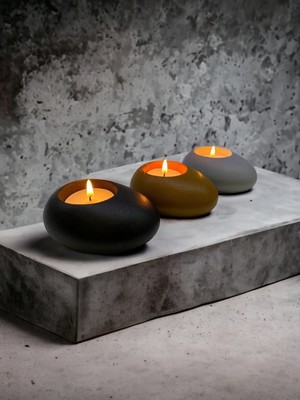 Three Drops Minimal Dekoratif Beton Tealight Mumluk 3'lü Set | Siyah-Karamel-Gri |