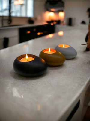 Three Drops Minimal Dekoratif Beton Tealight Mumluk 3'lü Set | Siyah-Karamel-Gri |