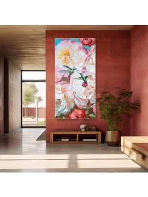 Tosbart Beyaz Ve Kırmızı Şakayık Çiçeği İle Sinek Kuşları Boyuna Dikey Kanvas Tablo