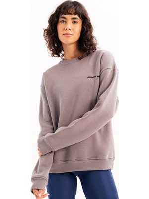 Justever Bisiklet Yaka Nakışlı Şardonlu Içi Polarlı Gri Kadın Sweatshirt - Rigil