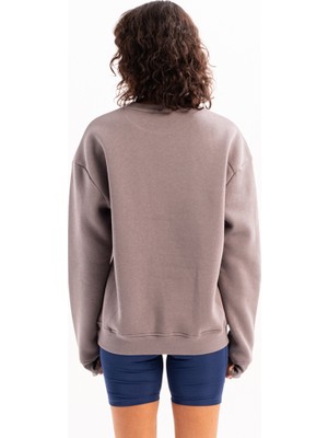 Justever Bisiklet Yaka Nakışlı Şardonlu Içi Polarlı Gri Kadın Sweatshirt - Rigil