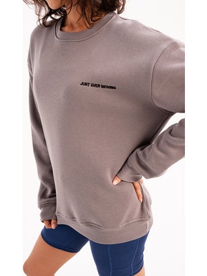 Justever Bisiklet Yaka Nakışlı Şardonlu Içi Polarlı Gri Kadın Sweatshirt - Rigil