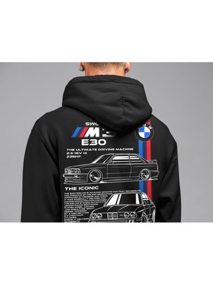 Swozz Bmw E30 Ön ve Sırt Baskılı Siyah 3 Ip Kalın Kumaş  Sweatshirt Hoodie