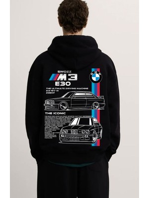 Swozz Bmw E30 Ön ve Sırt Baskılı Siyah 3 Ip Kalın Kumaş  Sweatshirt Hoodie