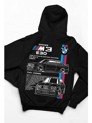 Swozz Bmw E30 Ön ve Sırt Baskılı Siyah 3 Ip Kalın Kumaş  Sweatshirt Hoodie