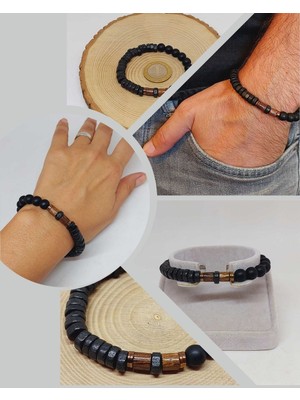 Yaşam Tohumu Ahşap Siyah Renkli & Oniks Taşı 8mm  Tasarım Bileklik Hawaii Model (11130)