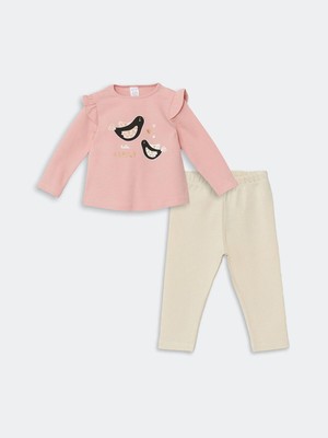 Lcw Baby Bisiklet Yaka Uzun Kollu Baskılı Kız Bebek Sweatshirt ve Tayt 2'li